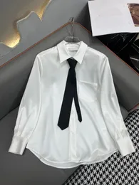 Дизайнерские женские блузки 2024 года с галстуком, белые лацканы с длинным рукавом, элегантная блузка с карманом, рубашка, модные женские повседневные топы