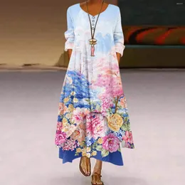 Casual Dresses Women Plus Size Lose Maxi Retro Elegance Flower Printed långärmad V Neck Dress Bohemian Holiday Beach Vestidos