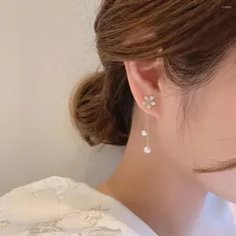 Dingle örhängen Korea zirkonblomma stud för kvinnor modtemperament lång tofs pärla dropp örhänge bröllop smycken gåvor