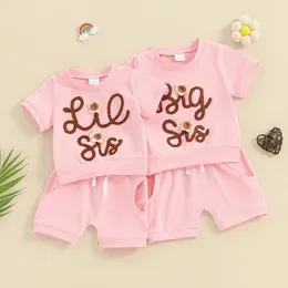 Pudcoco Girls Summer 2PCS Shorts Sets Short Sleeve Letter Flower Embroidery Tops Solid Color Sister Matching Outfits 240313