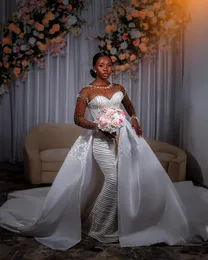 IN 1 2 Mermaid Stain Wedding Dress Style Pearls Beading Detachable Train Long Sleeve Plus Size Bridal Gown Arabic Aso Ebi 326 36 0505