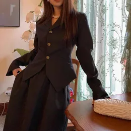 Vestido de duas peças feminino outono/inverno retro casual curto blazers meio comprimento conjunto francês preto cintura enrolado terno saia