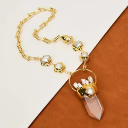 Hänghalsband gg smycken 20 "odlade vit keshi blomma pärlkedja halsband klar kvartspunkt biwa