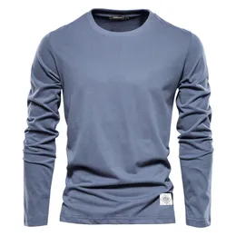 Camiseta masculina de manga comprida, nova cor pura, tendência, lazer, esportes, gola redonda, camisa de algodão com fundo