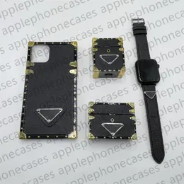Casos de telefone de grife para iPhone 15 Pro Max 14 13 12 mini 11 15 mais 15 Pro x xs xr xsmax caar PU couro airpods 2 3 Proa ouvido capa Apple watch band watch triângulo