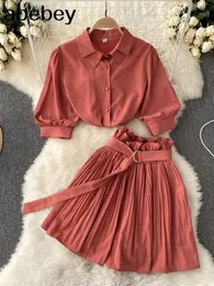 Two Peice Set For Women Summer Turn Down Collar Crop Top Shirt Pleated Mini Skirt Set Tracksuit Lounge Club Outfits Streetwear 240315