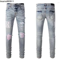 Jeans da uomo Street Fashion Uomo retrò azzurro elasticizzato skinny fit strappato rosa rattoppato pantaloni di marca hip hop hombre