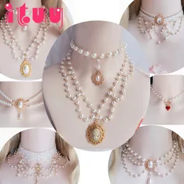 Wspaniały vintage w stylu Rococo Wedding Lolita Princess Multilayer Pearl Pearl Lace Gem Neckarbone Chain 240315