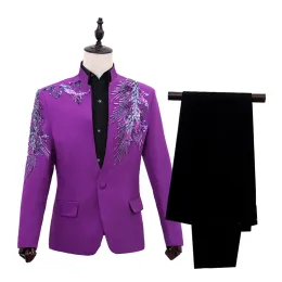 Ternos parklees pena lantejoulas roxo blazer terno para homem 2022 nova marca magro ajuste único botão blazer festa de formatura palco cantor traje