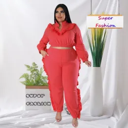 Sets WSFEC L4XL Plus Size Women Clothing Two Piece Sets Women Outfits 2022 Winter Fall Long Sleeve Ruffles Pant Suits Dropshipping