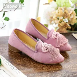 Skor Veowalk Chinese Knot Tassel Women Cotton Tyg Loafers Fashion Ladies Comfort Pointed Toe Flats broderade skor