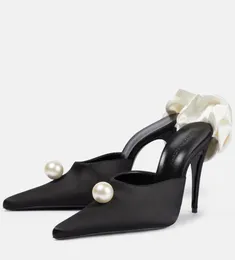 Elegant Magda Butrym Mules Women Pumps Pointed Toe Faux Pearls Embellished Satin High Heels Party Wedding Bridal Luxury Lady Walking EU35-42