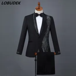 Suits Male Crystals Slim Suits sets Flashing Diamond Blazers Singer Chorus Stage Outfit Prom Compere Master Performance Costumes