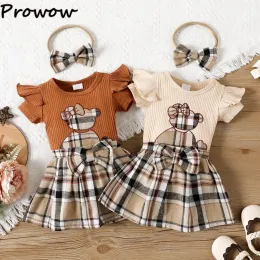 Klänningar Prowow 018m Baby Girl Outfit Set Summer Cartoon Embroidery Bear Baby Romper+Plaid kjolar Nyfödda babykläder Girls