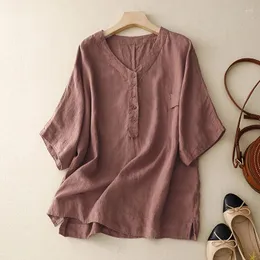 Kvinnors blusar bomullslinne V-hals Mid-Sleeve Pullover Shirt Summer Korean version Retro Loose Code Elegant Solid Color Casual Top