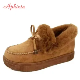Skor Aphixta Warm Platform Shoes Women 2020 Fury Flats Loafers Winter Female Mujer Zapatillas Flat Heel Hairy Shoes Large Size 43