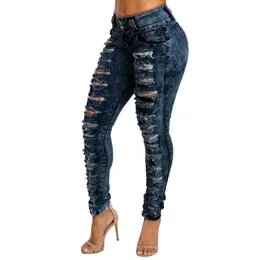 Moda feminina casual jeans magros buraco denim feminino meados de cintura estiramento calças femininas cintura alta 2023 coleção 240311