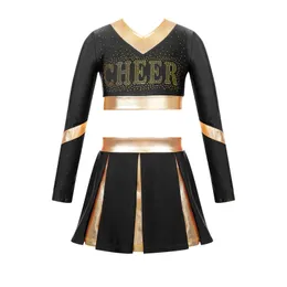 Kinder Mädchen Cheerleading Uniform Cheer Dance Performance Outfit Strass Buchstabendruck Langarm Crop Top mit Faltenrock 240305