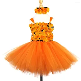 Girl Dresses Girls Orange Flower Petals Tutu Dress Kids Black Crochet Ballet Tulle With Headband Children Halloween Party Costume