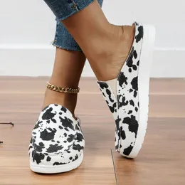 Casual Shoes Black White Cow Print Canvas Mule Loafers Woman Fashion Slip-on Leopard Sneakers Ladies Flat Sport Slippers Plus Size