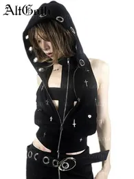 Altgoth streetwear gothic mörka väst kvinnor harajuku y2k e-girl cyberpunk cross hooded crop tank top emo alt grunge outfits kvinnlig 240313