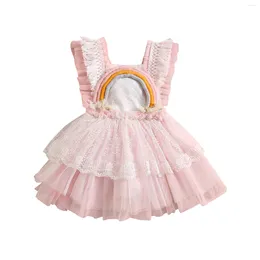 Girl Dresses Toddler Baby Tank Top Dress Sleeveless Square Neck Rainbow Patch Frill Princess Layered Mesh For Infant Girls