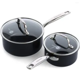 Pans Chatham Black Prime Midnight Hard Anodized Healthy Ceramic Nonstick 1QT And 2QT Saucepan Pot Set With Lids PFAS-Free