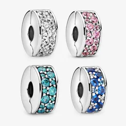 4 renk Pave Clip Charm Pandoras 100% 925 STERLING Gümüş Takılar Set Yılan Zinciri Bilezik Mavi Pembe Kristal Klipler Yapan Kız Arkadaş Hediyesi Orijinal Kutu Toptan