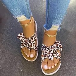 Terlik 2022 Orijinal Tasarım Yeni Sandalet Kadın Düz Topuk Moda Slaytları Sands Leopard Bow Beach Düz