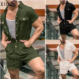 Macacão moda masculino One peça calça cor sólida cor de verão férias frescas e leves de traje curto de manga curta