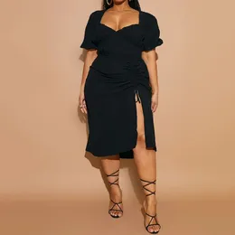 Kuclut feminino plus size midi vestido elegante sólido decote em v manga curta puff cordão plissado fenda magro irregular vestidos de tamanho grande 240312