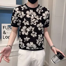 Moda masculina de manga curta camiseta social menino floral em torno do pescoço secagem rápida seda gelo sensação legal metade