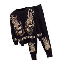 女性用トラックスーツ2024秋のビーズ刺繍ニットウェアセーター編みパンツ2ピースセット女性