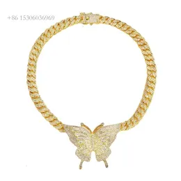 Gold Plated Hip Hop VVS Moissanite Cuban Link Chain Pendant Iced Out Butterfly Necklace Pass Diamond Tester