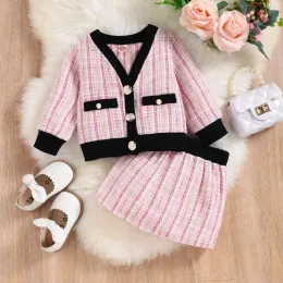 Dresses Girls Classic Plaid Clothing Set Cardigan Jackets+Plaid Skirts Baby Girl Kids Elegant Children Spring Autumn Clothes Outfits