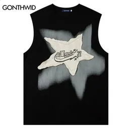 Hip hop men tank top y2k streetwear harajuku retro bordado estrela remendo colete verão moda casual solto sem mangas camiseta 240313