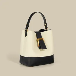 Evening Bags Soft Cowhide Women's Shoulder Bucket Large Capacity Commuter Casual Handbags Crossbody Patchwork Belt Buckle Tote Bag PM06