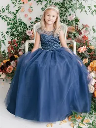 Doce azul marinho tule contas jóia até o chão vestido da menina de flor vestidos de concurso da menina vestidos de aniversário saia da menina personalizado SZ 2 4 6 8 10 12 D318005