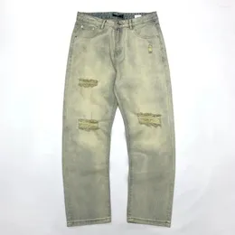 Mäns jeans s-3x män rakt rippade hål vita oroliga tunga tvättade denimbyxor för y2k ungdom retro amekaji full långa byxor