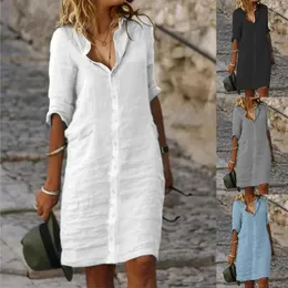 Lässige Kleider Damen Sommer Loser Lteelknopf Halbschlärm Feste Farbe Baumwolle und Leinenhemd Kleid Vintage Strickjacke Knielänge