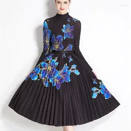 Sukienki robocze Eleganckie 2 szt. Zestawy dla kobiet w stylu Vintage kwiatowy nadruk rozciągnięte pulover Top A-line plisowane midi długie spódnice moda