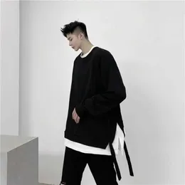 Erkek Hoodies Sweatshirts Street Hoodies Sahte İki Parçası Büyük Boy Siyah Beyaz Çift Renk Kombinasyonu Akışı Kurdele Sweatshirt 24318