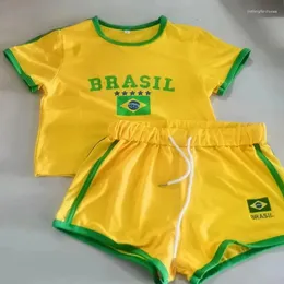 Mulheres Camisetas 2000s Estética Brasil Carta Imprimir T-shirt Shorts Terno Mulheres Vintage Grunge Manga Curta Bebê Tees Verão Crop Top Y2K