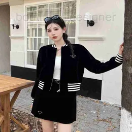 Women's Tracksuits Designer Black and White Striped Collar Cuffs Fashion Short Slim Velour Jacket Belt Accessories Shorts Skirt Two Piece Set DFTS