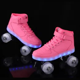 Boots Girl Choice Quad Patines Roller Skates For Kids Woman Shoes With 4 Wheels uppladdningsbar USB LED Flash 7 Färg Europa storlek 3545