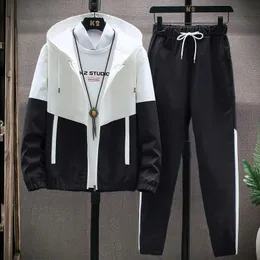 Cardigan masculino estilo coreano jaquetas calças sportwear hip hop define retalhos esporte terno casual treino masculino 240314
