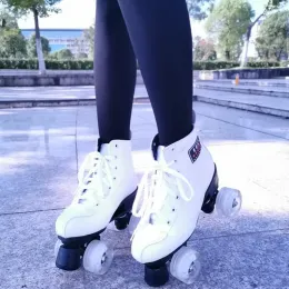 Boots White Leather Woman Roller Skates 4wheel Black Flash Double Row Skating Shoes Flash Patines De 4 Ruedas Outdoor Sneakers