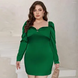 Plus Size Dresses Perl Satin Green Full Sleeve Curved Dress For Women Elegant Party Special Occasion Wear 2024