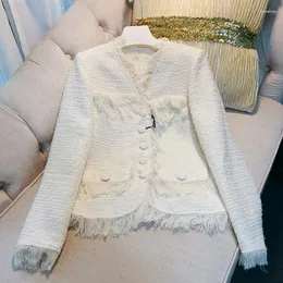 Kurtki damskie eleganckie frędzane płaszcze wełniane w wełny w wełnianym dekolcie dla kobiet 2024 jesienne zima krótka tweed kurtka luksus chaquetas para mjeres
