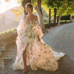 Neue Ankunft Langes Abschlussball-Festzug-Kleid 2024 Schulterfrei Puffärmel Blumendruck Schnürung Damen Formelles Abschlussball-Geburtstagskleid Robe De Soiree